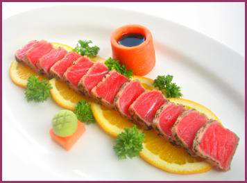 On Orange Slices, Ornamented with Parsley, Carrot Wasabi Stand, and Hand-made Carrot Soy Dish